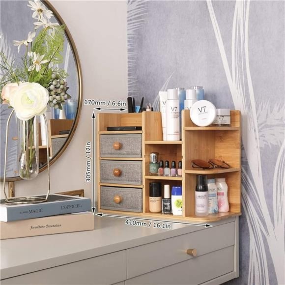 Bamboo-Makeup-Organizer for Vanity, Multi-Function Wood Large Capacity Make up - Picture 3 of 6